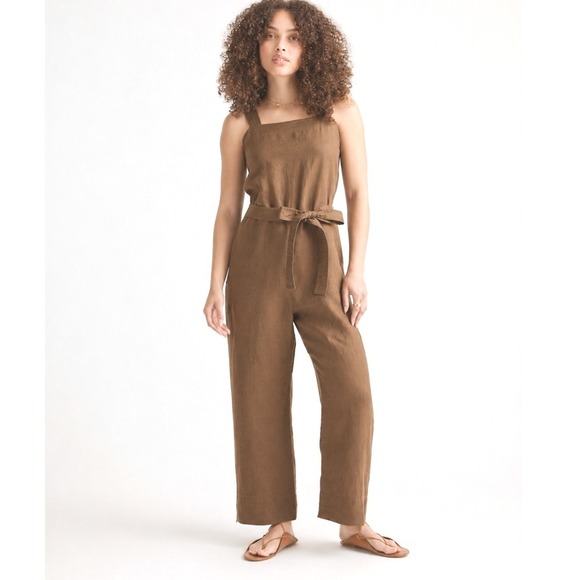 Quince Pants - Quince 100% European Linen Square Neck Jumpsuit Brown XL Wide Leg Tie Waist